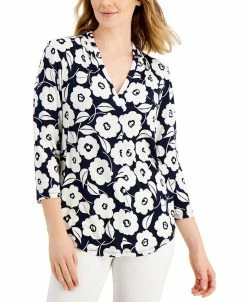 Charter Club Women's Floral-Print Pleated-Neck Top, Created For Macy's