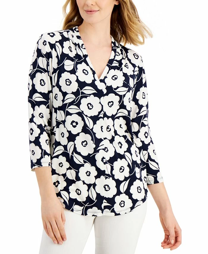 Charter Club Women's Floral-Print Pleated-Neck Top, Created For Macy's 1 Charter Club Women's Floral-Print Pleated-Neck Top, Created For Macy's