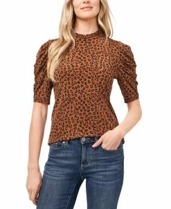 CeCe Women's Puff-Sleeve Mock Neck Short Sleeve Knit Top