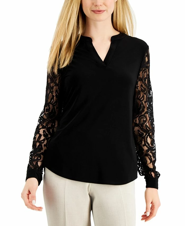 Kasper Women's Split-Neck Lace-Sleeve Blouse 1 Kasper Women's Split-Neck Lace-Sleeve Blouse