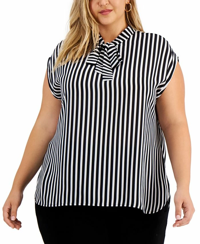 Bar III Trendy Plus Size Tie-Neck Striped Top, Created For Macy's 1 Bar III Trendy Plus Size Tie-Neck Striped Top, Created For Macy's
