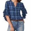 Vince Camuto Women's Plaid Ruffle-Sleeve Top