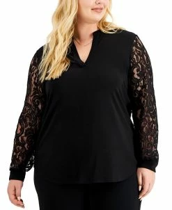 Kasper Plus Size Lace-Sleeve Split-Neck Top