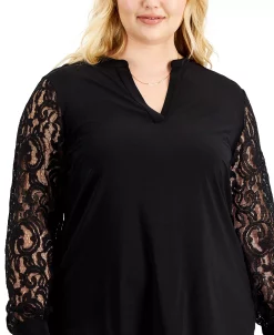 Kasper Plus Size Lace-Sleeve Split-Neck Top -VINCE CAMUTO Shop 20073705 fpx