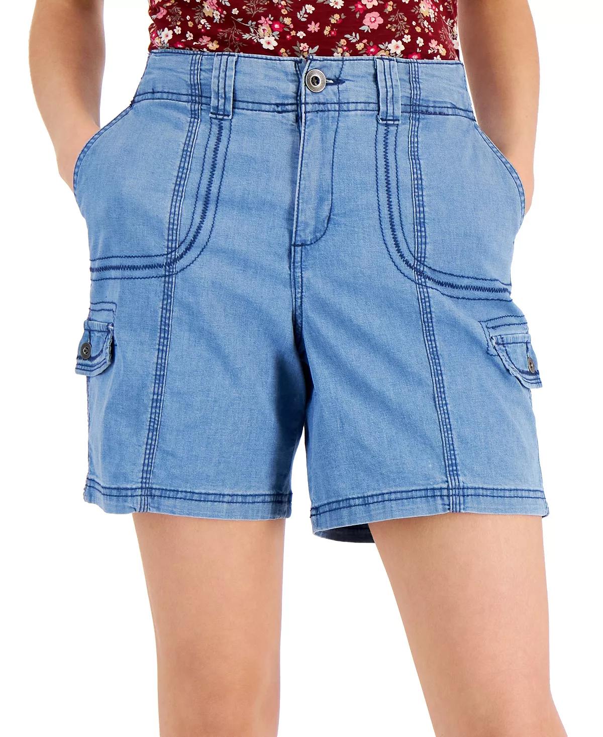 Style & Co Women's Chambray Zig Zag Stitch Shorts, Created For Macy's 3 Style & Co Women's Chambray Zig Zag Stitch Shorts, Created For Macy's - Image 3
