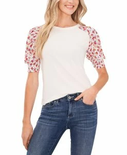 CeCe Women's Mixed-Media Puff-Sleeve Top