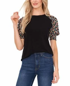 CeCe Women's Mixed-Media Puff-Sleeve Top