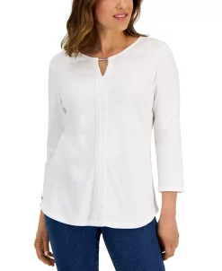 Karen Scott Women's 3/4-Sleeve Crochet Detail Top, Created For Macy's