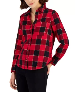 Style & Co Women's Shine Plaid Perfect Shirt, Created For Macy's