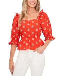 CeCe Embroidered Puff-Sleeve Cotton Top