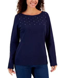 Karen Scott Women's Embellished Cotton Tunic Top, Created For Macy's