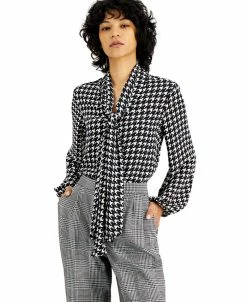Bar III Women's Houndstooth Printed Long Sleeve Blouse, Created For Macy's