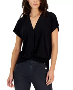 INC International Concepts Women's Faux-Wrap Knot-Hem Top, Created For Macy's