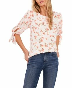 CeCe Women's Coastal Floral Tie Sleeve Blouse