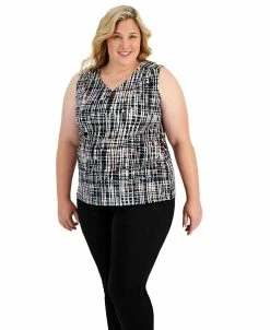 Kasper Plus Size Printed Keyhole Top