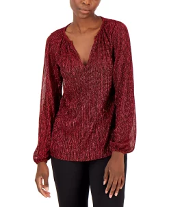 Alfani Women's Pleated Long-Sleeve Shimmer Top, Created For Macy's -VINCE CAMUTO Shop 22042804 fpx