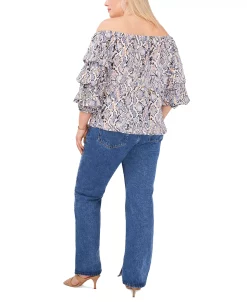 Vince Camuto Plus Size Snake-Print Off-The-Shoulder Balloon-Sleeve Blouse -VINCE CAMUTO Shop 22118210 fpx