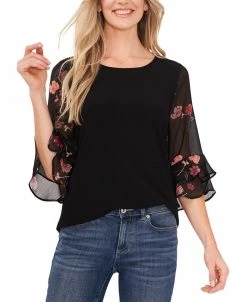 CeCe Women's Mixed-Media Ruffle-Sleeve Top