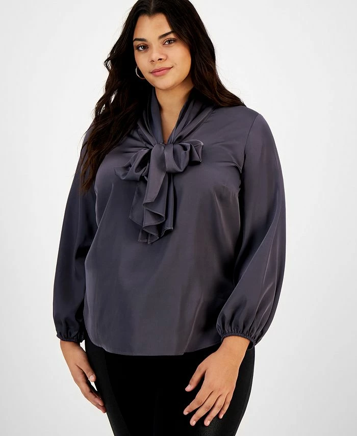 Bar III Plus Size Bow-Tie Long-Sleeve Blouse, Created For Macy's 1 Bar III Plus Size Bow-Tie Long-Sleeve Blouse, Created For Macy's