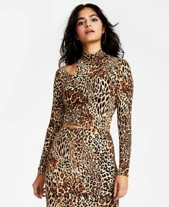 Bar III Women's Animal-Print Mock-Neck Long-Sleeve Crop Top, Created For Macy's