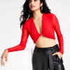 Bar III Women's Plunging Twist-Front Mesh-Sleeve Crop Top, Created For Macy's