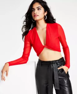 Bar III Women's Plunging Twist-Front Mesh-Sleeve Crop Top, Created For Macy's