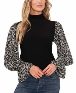 CeCe Women's Mock Neck Printed Sleeve Knit Top