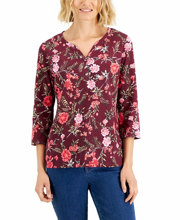 Karen Scott Women's Mistletoe Boutique Printed Henley Top, Created For Macy's 1 Karen Scott Women's Mistletoe Boutique Printed Henley Top, Created For Macy's