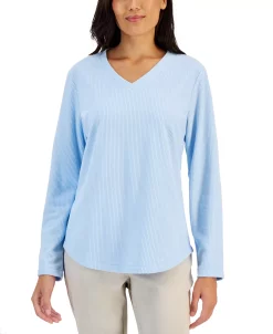 Karen Scott Women's Textured Microfleece V-Neck Top, Created For Macy's