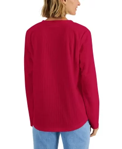 Karen Scott Women's Textured Microfleece V-Neck Top, Created For Macy's -VINCE CAMUTO Shop 22220950 fpx