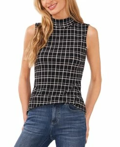 CeCe Women's Plaid Sleeveless Knit Mock Neck Top