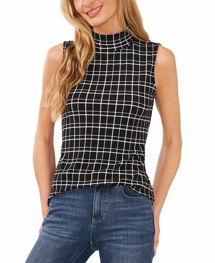 CeCe Women's Plaid Sleeveless Knit Mock Neck Top 1 CeCe Women's Plaid Sleeveless Knit Mock Neck Top