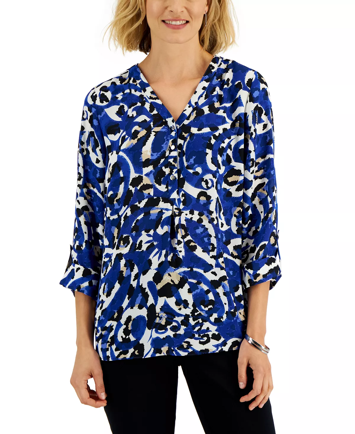 JM Collection Women's Animal-Print Roll-Tab-Sleeve Top, Created For Macy's 4 JM Collection Women's Animal-Print Roll-Tab-Sleeve Top, Created For Macy's - Image 4