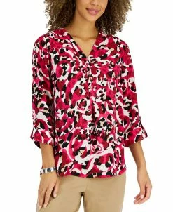 JM Collection Women's Animal-Print Roll-Tab-Sleeve Top, Created For Macy's