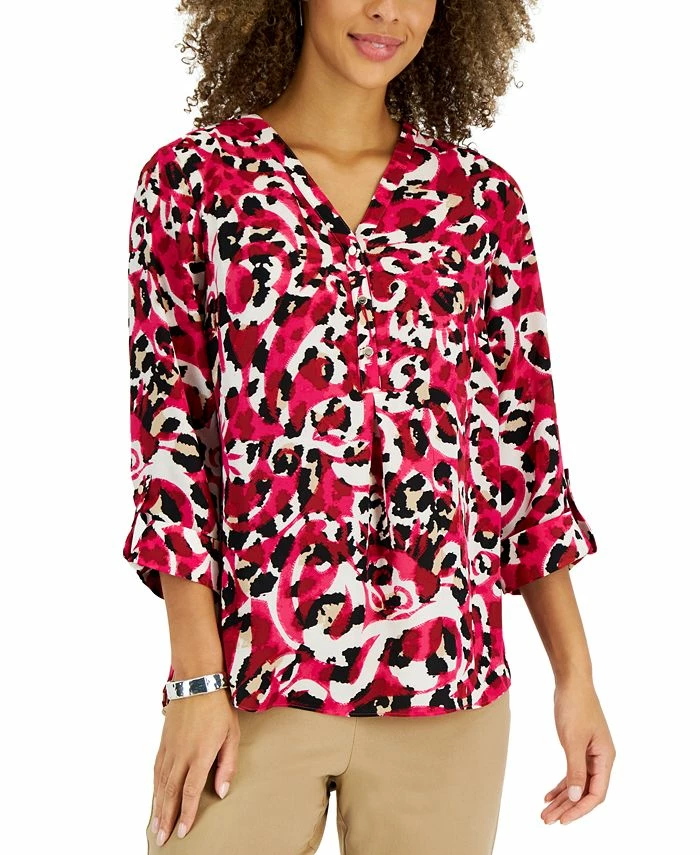 JM Collection Women's Animal-Print Roll-Tab-Sleeve Top, Created For Macy's 1 JM Collection Women's Animal-Print Roll-Tab-Sleeve Top, Created For Macy's
