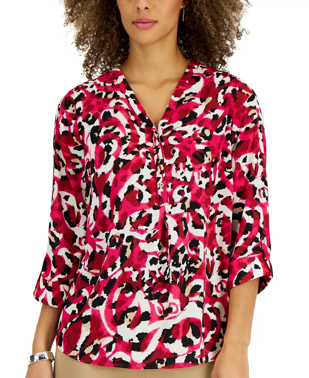 JM Collection Women's Animal-Print Roll-Tab-Sleeve Top, Created For Macy's 3 JM Collection Women's Animal-Print Roll-Tab-Sleeve Top, Created For Macy's - Image 3