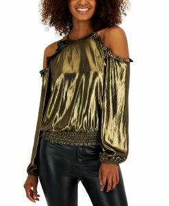 INC International Concepts Women's Metallic Cold-Shoulder Ruffle-Trim Blouse, Created For Macy's