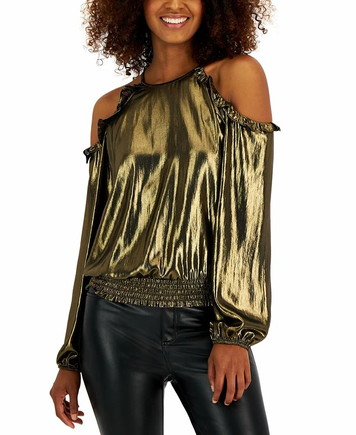 INC International Concepts Women's Metallic Cold-Shoulder Ruffle-Trim Blouse, Created For Macy's 1 INC International Concepts Women's Metallic Cold-Shoulder Ruffle-Trim Blouse, Created For Macy's