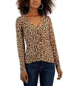 INC International Concepts Women's Animal-Print Ruched-Front V-Neck Top, Created For Macy's