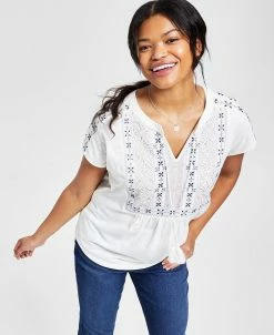 Style & Co Women's Embroidered Split-Neckline Top, Created For Macy's