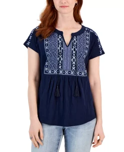 Style & Co Women's Embroidered Split-Neckline Top, Created For Macy's -VINCE CAMUTO Shop 22282401 fpx
