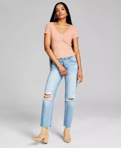 And Now This Women's Ruched-Front Ribbed Henley Top