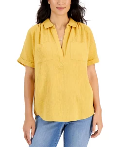 Style & Co Women's Cotton Crinkle Gauze Top, Created For Macy's