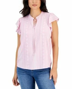 Style & Co Women's Printed Woven Flutter-Sleeve Tie-Neck Top, Created For Macy's