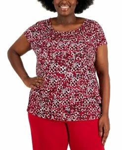 Kasper Plus Size Geo-Print Cowlneck Short-Sleeve Knit Top