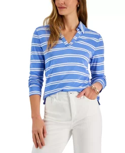 Charter Club Women's Striped Johnny-Collar Top, Created For Macy's -VINCE CAMUTO Shop 22344908 fpx