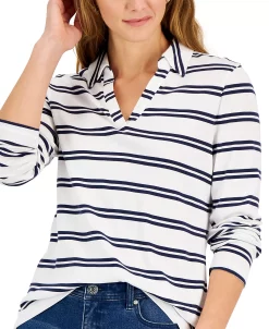 Charter Club Women's Striped Johnny-Collar Top, Created For Macy's -VINCE CAMUTO Shop 22345052 fpx
