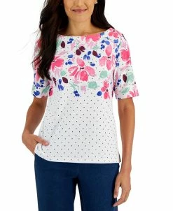Karen Scott Women's Printed Elbow-Sleeve Boatneck Top, Created For Macy's