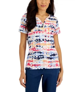 Karen Scott Women's Printed Short-Sleeve Henley Top, Created For Macy's