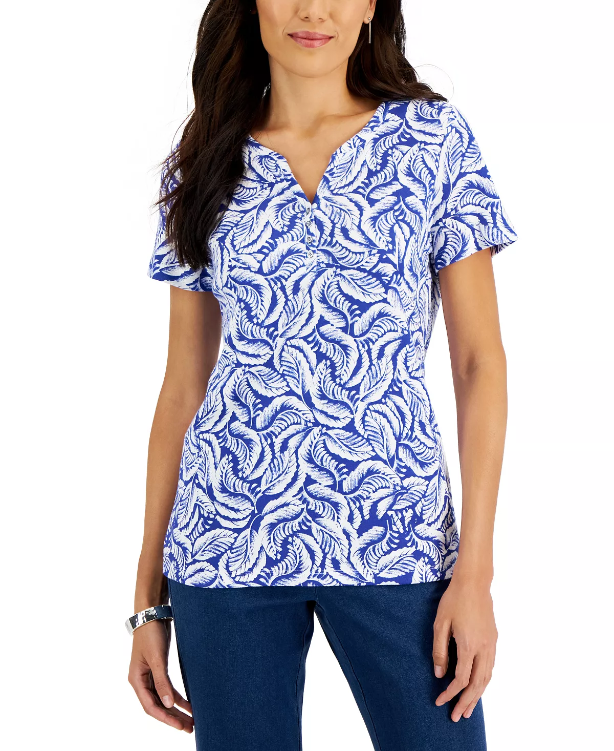 Karen Scott Women's Short-Sleeve Printed Henley Top, Created For Macy's 4 Karen Scott Women's Short-Sleeve Printed Henley Top, Created For Macy's - Image 4